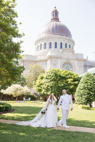 US Naval Academy Chapel wedding with reception at Governor Calvert House in Annapolis, Maryland couple in Superintendent's Garden by Christa Rae Photography