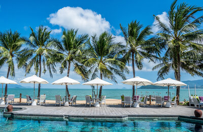 Poolside view with several white umbrellas and lounge chairs facing the ocean. A row of palm trees lines the sandy beach under a blue sky with scattered clouds. The turquoise water of the pool reflects the tropical setting.
