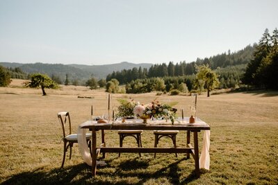 sweetheart wedding table in field with floral centerpiece