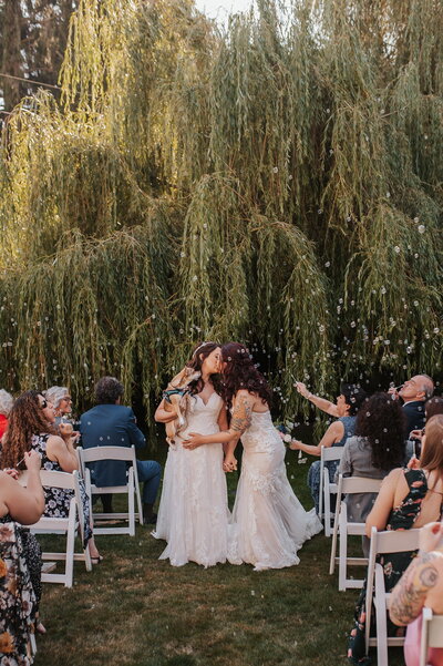 Brides kissing by willow tree