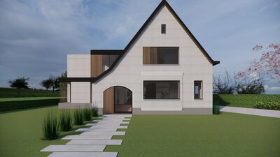verbouwing villa te genk met hout kalei en zwarte aluminium ramen