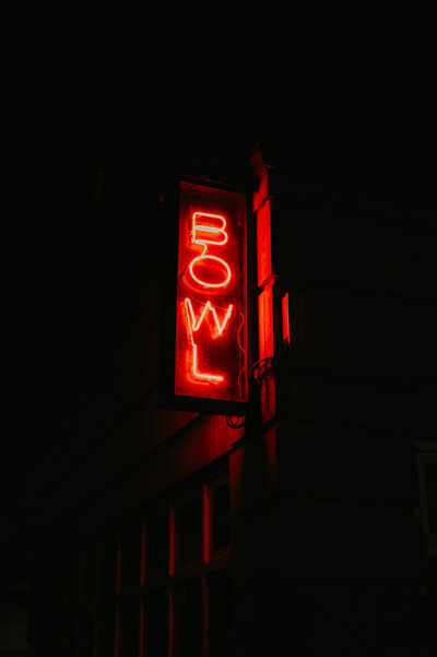 Neon outside a London Wedding at a bowling alley. 
