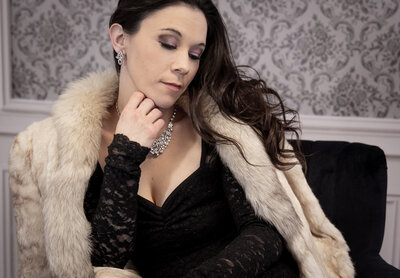 goddess studio boudoir woman italian boss vibes fur coat black dress black hair