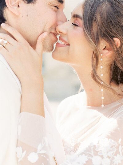 A close up of a bride and groom.