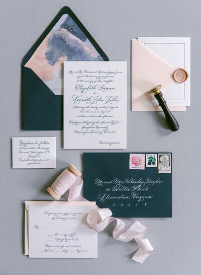 Navy blue and pink digitally printed wedding invitation suite featuring full calligraphy script and white envelope mailing address calligraphy and envelope liners