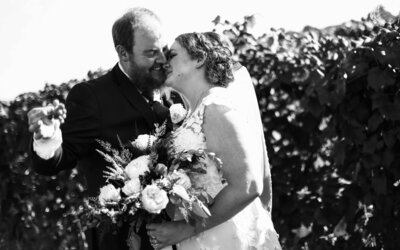 Bride and groom kiss in the middle of the vineyard at Quincy Cellars