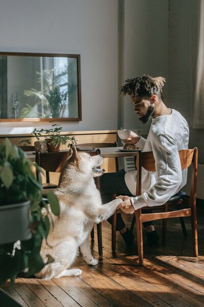 A man with curly natural hair sits at a kitchen table, a pastry in front of him and a mug in his right hand. He looks down toward a dog sitting beside him, using his left hand to shake hands with the dog. He has a forlorn expression on his face.