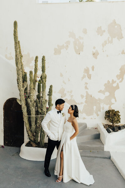 Bride and groom in front of cactus