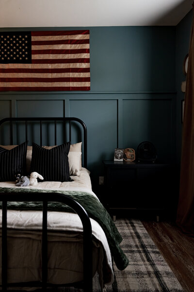 DIY toddler bed, Moody painted kids room, moody paint colors, blue paint