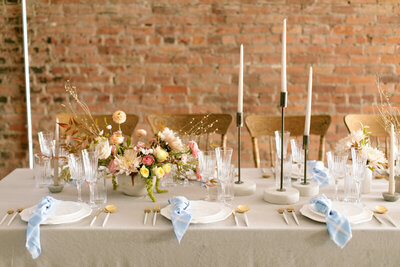 Colourful and modern wedding reception table decor, featured on Bronte Bride, an online Western Canada wedding publication and resource.