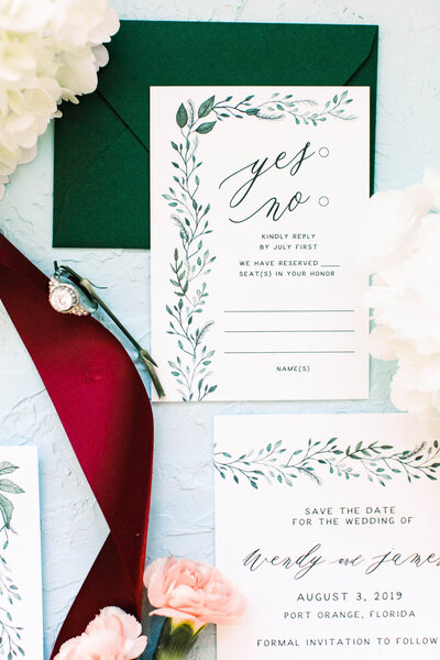 Painted leaves and greenery invitation suite