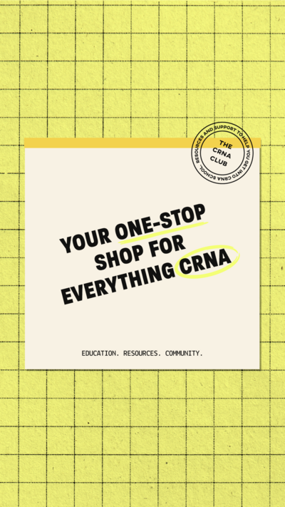 CRNA Club shop graphic with stamp logo on a yellow tiled pattern background