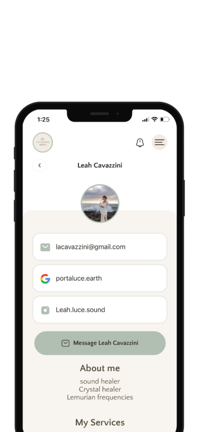 Profile screen of a San Miguel De Allende sound healer in the EnForma wellness app, featuring offered services, contact details, and direct booking links for holistic healing sessions.