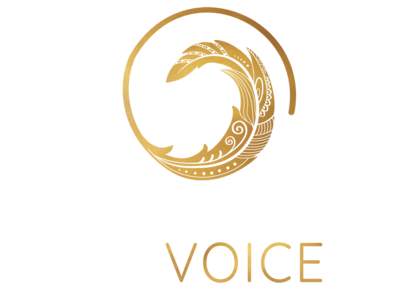 Claiming  My Voice logo with gold spiral feather