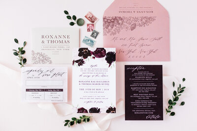 burgundy dusty pink wedding invitation