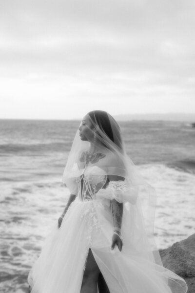 A bride overlooks the pacific ocean in black & white.