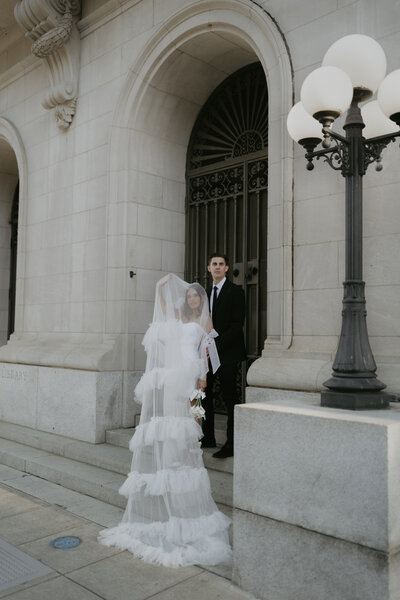 textured and layered wedding veil at modern downtown raleigh wedding