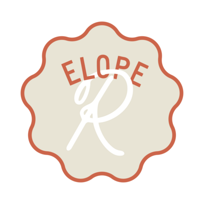 Small logo with scalloped edges in a clay colored border. The letter R is looped through the word Elope