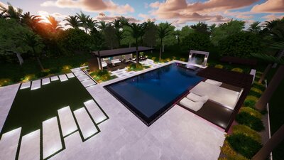 Tropical Florida backyard design with  large zero edge pool.