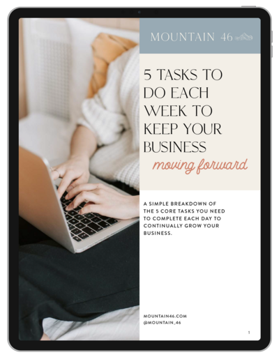 5 tasks to do each week to keep your business moving forward by Nicole DeGrasse, iPad mockup.