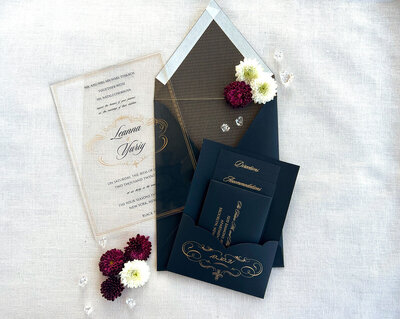 Black and gold acrylic wedding invitation with pocket