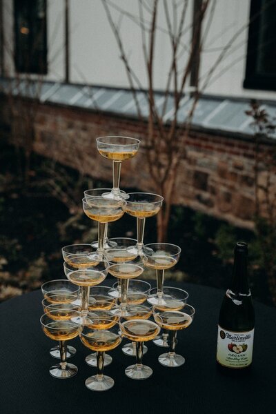 champagne tower for champagne toast at cold saturday farm