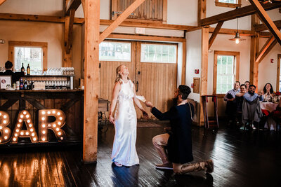 Bride and Groom in reception venue, Blended wedding at Peirce Farm at Witch Hill