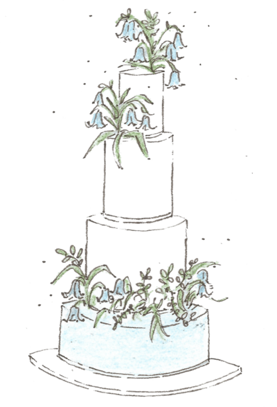 A hand drawn illustration of a 4 tier wedding cake