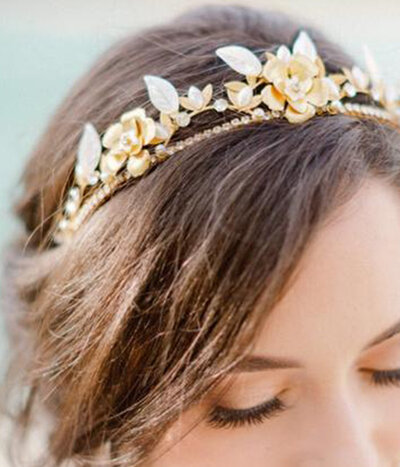 Stunning and elegant golden floral bridal hairpiece, jewelry by Joanna Bisley Designs, romantic and modern wedding jeweler based in Calgary, Alberta.  Featured on the Brontë Bride Vendor Guide.