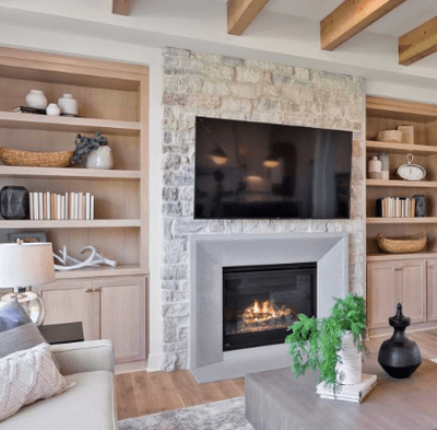 concrete fireplace surround and hearth in traditional home
