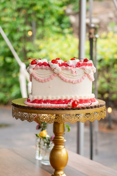 Two-tier white and pink wedding cake with gold stand and floral details – photographed by wedding photographer Niko Coric – Lumen Clarity Media