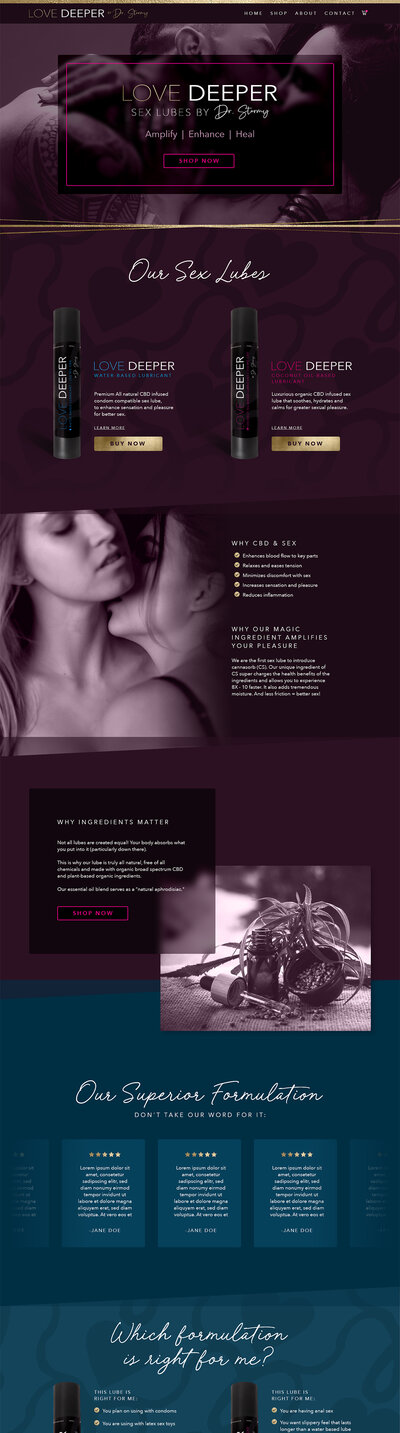 This image shows the landing page design created by Bloom Studio Design for the client to sell her physical product, a luxury, high-end  personal lubricant made with natural ingredients. Bloom Stud.io provided support by designing these pages, exporting all assets for their developer, and curating or creating all images and icons.