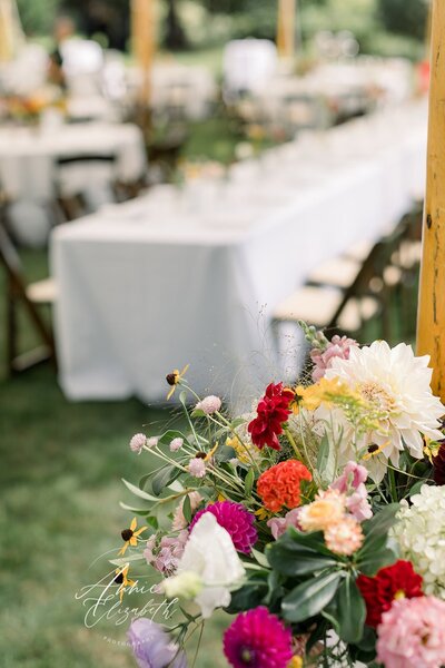 Picture of flowers with part of wedding reception tables in back