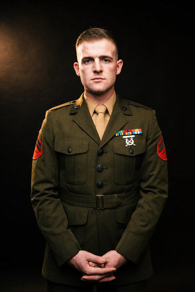 Luxury Portraits by Moving Mountains Photography in NC - Headshot of a man wearing a military uniform.