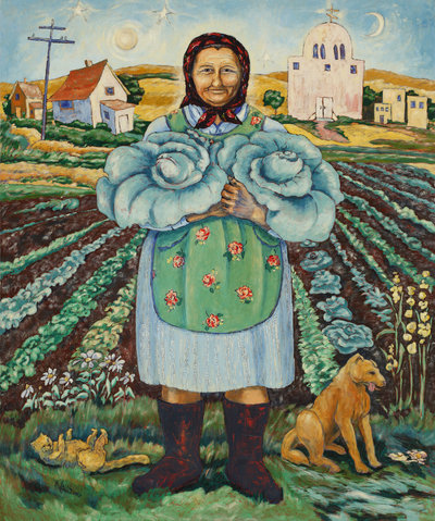 "Cabbage Woman" by Marily n  Wells country woman in garden large painting in oil