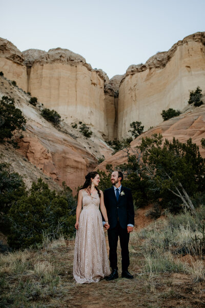 newlywed couple holding hands and standing in front of a canyon