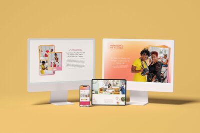 mockup of a showit website for a photographer in imacs and ipad and phone in front of a yellow background