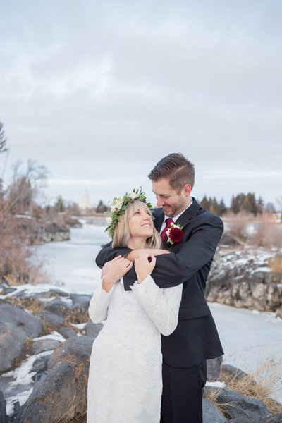 Seattle Wedding Planner shares photo of bride and groom hugging after Washington wedding