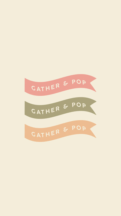 Gather & Pop flag logos in alternating colors on a cream background
