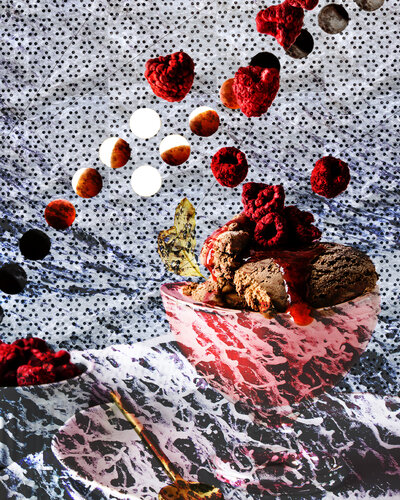 Plated chocolate dessert with raspberries and artistic red syrup accents – Created by wedding photographer Niko Coric – Lumen Clarity Media