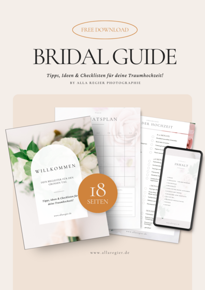 Entdecke meinen kostenlosen Bridal Guide mit wertvollen Tipps, Ideen und einer praktischen Checkliste für deine Traumhochzeit. Mach dich bereit für einen unvergesslichen Tag!