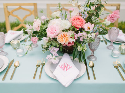 Color Spring Tablescape with Blush Pink Coral Greenery Centerpiece and Monogrammed Hemstitched Napkin