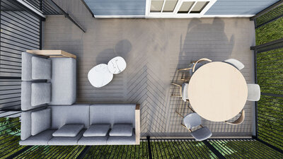 Photorealistic 3D rendering of a top-down view of a PVC deck with a center portion of boards laid out in a herringbone pattern, with patio furniture around. 