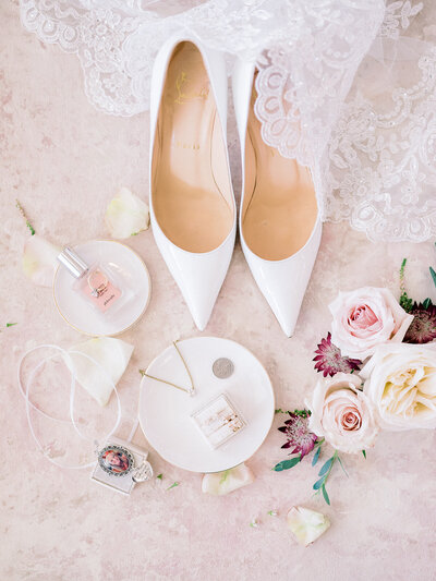 flat lay of brides details on wedding day in dallas