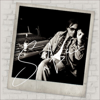 Steve Azar Autographed Portrait black and white sitting at recording console wearing sunglasses hand near his face