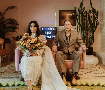 70's inspired backyard wedding with retro neon sign from Stef Forward Events, trendy and modern decor rentals based in Calgary, AB. Featured on the Brontë Bride Blog.