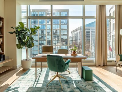 A modern home office with large windows overlooking an urban environment, designed for Amy Posner, a creative freelancer and business coach.