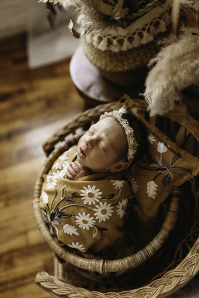 Newborn girl wrapped in a floral blanket in a backet at the Racine Business Center Studio.