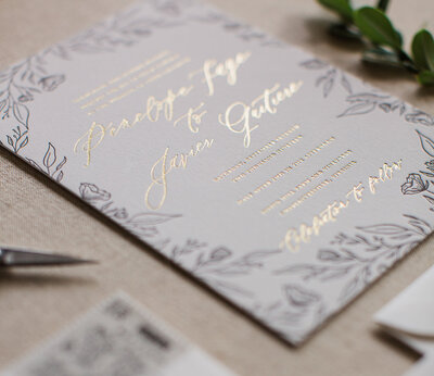 hand drawn wedding invitations with gold foil and black letterpress