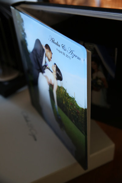 Sample of coffee table wedding album with hardcover and presentation box. By Ross Photography, Trinidad, W.I..